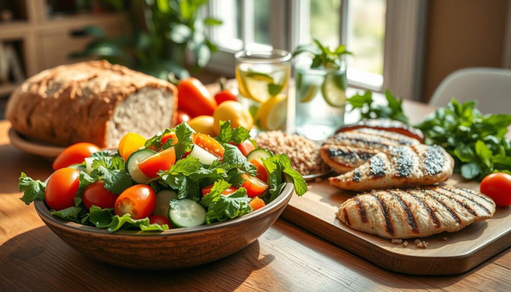 A balanced healthy meal layout featuring a colorful variety of foods is beautifully arranged on a wooden table. In the foreground, a vibrant salad with leafy greens, cherry tomatoes, cucumber slices, and colorful bell peppers is presented in a rustic bowl. Next to it, grilled chicken breast and a portion of quinoa add protein. The middle ground includes whole grain bread and a glass of infused water with slices of lemon and mint leaves. In the background, bright natural light streams through a window, casting soft shadows, enhancing the freshness of the scene. The atmosphere is inviting and wholesome, evoking a sense of simple, everyday healthful living. The choice of a wide-angle lens captures the entire arrangement, emphasizing the abundance of fresh ingredients without any text or distractions.