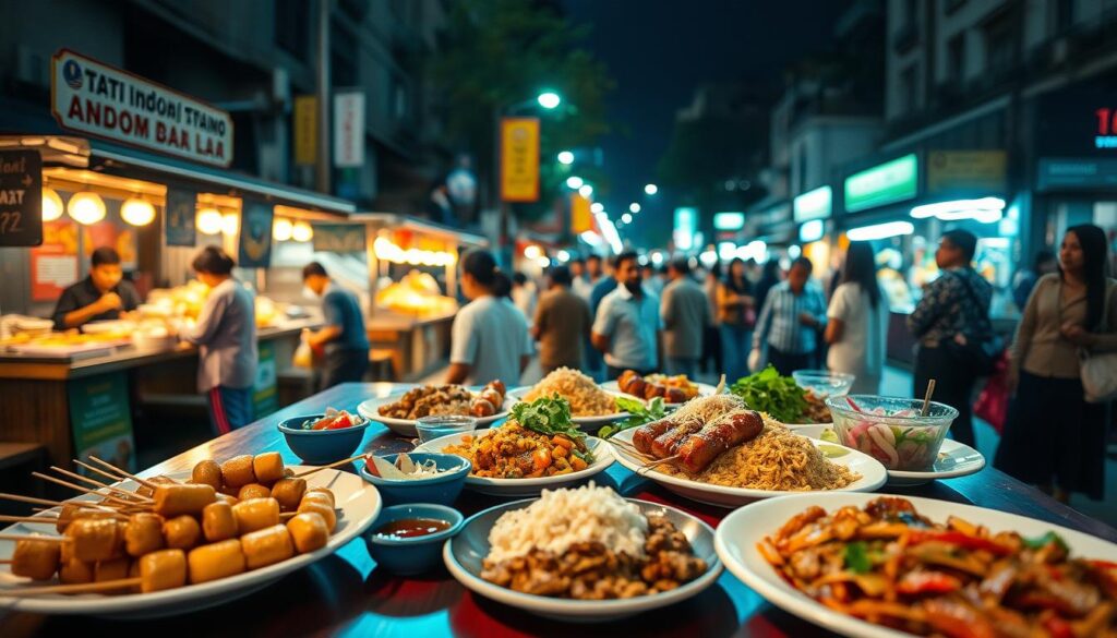 A beautifully arranged table featuring traditional Indonesian street food at night. In the foreground, a colorful assortment of dishes like satay skewers, nasi goreng, and gado-gado are artfully plated. Small bowls of sambal and pickled vegetables add vibrant splashes of color. The middle ground includes glowing street food stalls, their warm lights illuminating the scene and creating an inviting atmosphere. The background showcases a lively street filled with people enjoying the food, dressed in casual, modest attire. Soft, ambient lighting casts gentle shadows, evoking the bustling yet cozy mood of a night market. The angle captures both the richness of the food and the vibrant street life, highlighting Indonesia's culinary heritage.