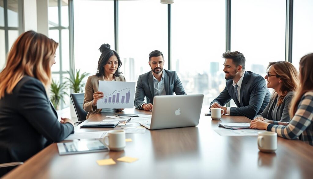 A focused scene of a diverse group of professionals gathered around a stylish conference table in a bright, well-lit office, engaged in a strategic business planning session. In the foreground, a middle-aged woman in professional attire is presenting a chart on a laptop, while a young man in casual business wear takes notes. The middle area reveals brainstorming materials: post-it notes, financial reports, and coffee cups, creating an atmosphere of collaboration. The background features large windows with natural light streaming in, showcasing a modern city skyline. The overall mood is energetic and aspirational, emphasizing the preparation and teamwork essential for successful small business startup. Use a soft focus to accentuate the subjects and create a warm, inviting ambiance.