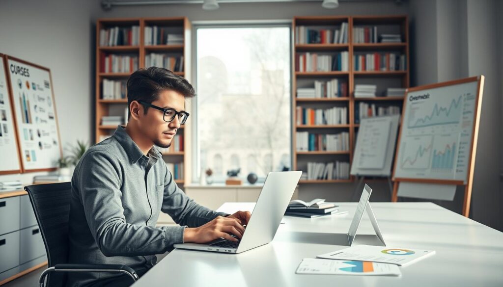A modern workspace featuring a professional sitting at a sleek desk with a laptop, engaged in an online course creation process. In the foreground, there are visually appealing elements like colorful course modules displayed on the screen and SEO analytics graphs. In the middle ground, a large bookshelf is filled with books about digital marketing and online business strategies, and a whiteboard filled with notes and ideas. In the background, soft natural light filters through a large window, creating an inviting atmosphere. The overall mood is focused and inspiring, showcasing the concept of online learning and SEO services. The individual is dressed in smart casual attire, reflecting a professional yet approachable persona. The camera angle is slightly angled, emphasizing the workspace's depth.