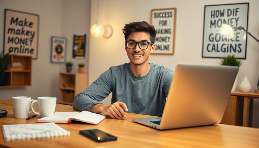 A motivated young adult sitting at a modern desk with a laptop open to a bright, engaging online platform showcasing money-making opportunities. The foreground features an organized workspace with a notebook, a coffee cup, and digital devices like a smartphone. In the middle, a cheerful light illuminates the scene, emphasizing a sense of productivity and focus. The background shows a well-decorated room, perhaps with motivational posters about success and entrepreneurship. The mood is energetic and inspiring, with a warm color palette to evoke optimism. The young adult wears casual but professional attire, embodying the spirit of someone eager to learn and succeed in making money online.