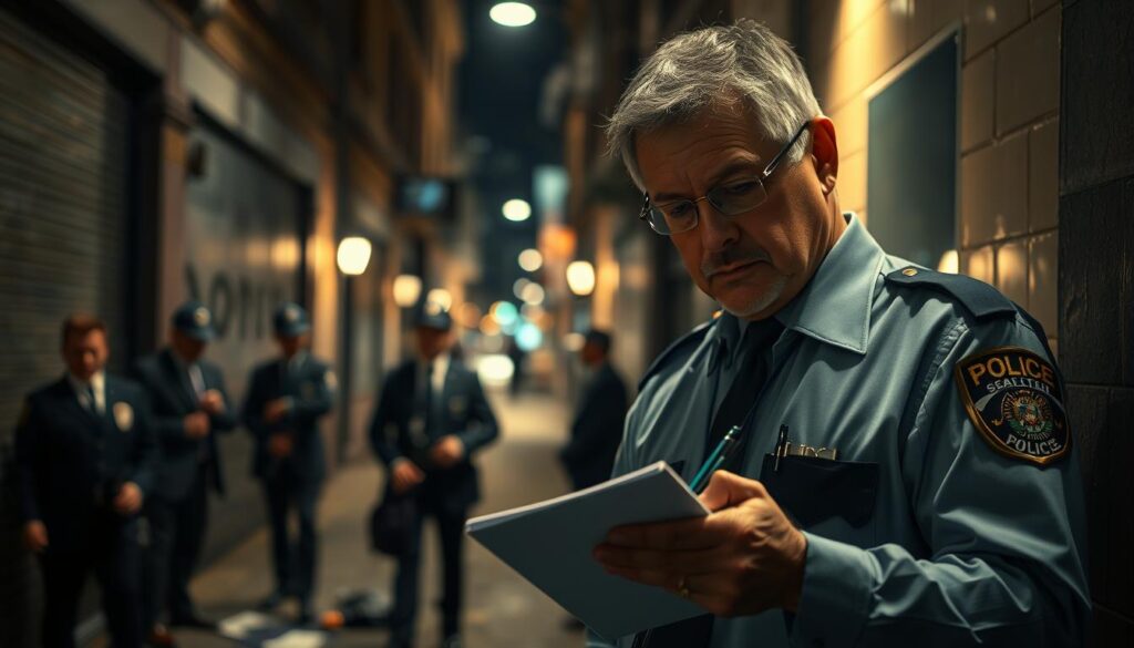 A police officer intently examining evidence at a crime scene, surrounded by a small group of serious investigators in professional business attire. The foreground features the officer, a middle-aged man, holding a notepad and pen, jotting down observations. In the middle, a darkened alleyway illuminated by soft streetlights creates an atmosphere of urgency and tension, with scattered police equipment subtly placed nearby. The background reveals a blurred cityscape, enhancing the investigative setting. Utilize a slightly overhead angle to capture the officer's focused expression, with a shallow depth of field to emphasize the main subjects. The overall mood should be serious and professional, reflecting the gravity of police follow-up in a case of assault.