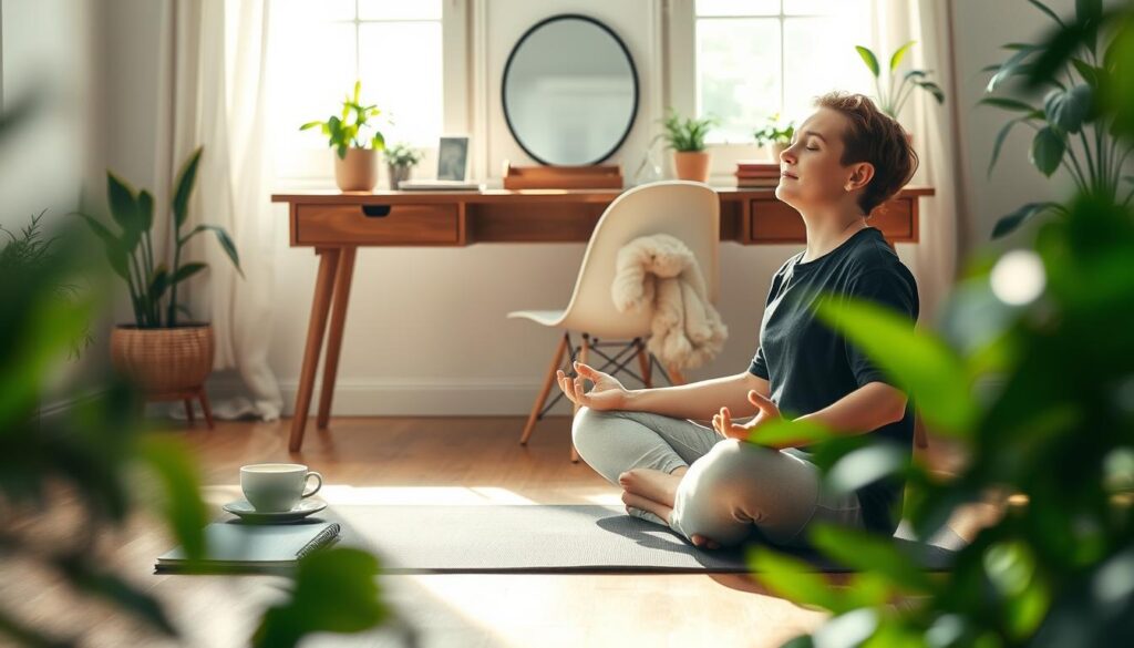 A serene indoor scene focused on a peaceful workspace for managing stress and mental health. In the foreground, a person sitting cross-legged on a yoga mat, wearing comfortable casual clothes, engaged in meditation with closed eyes and a calm expression. In the middle ground, a wooden desk adorned with plants, a journal, and a steaming cup of herbal tea, conveying a sense of tranquility. The background features soft, diffused natural light streaming through a large window, illuminating the space, and creating a warm, inviting atmosphere. The overall mood is one of relaxation and mindfulness, encouraging a positive approach to stress management. The use of a wide-angle lens enhances depth, while gentle shadows cast by the plants add to the serene ambiance.