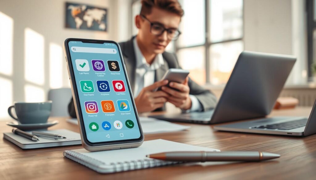 A sleek smartphone displaying multiple money-making applications on its screen in a well-lit modern workspace. In the foreground, the smartphone is centered on a wooden desk adorned with a notepad and a stylish pen, conveying a sense of professionalism. In the middle ground, a young adult in smart casual attire is engaging with the phone, showing keen interest and focus. The background features soft-focus elements like a coffee cup and a laptop, creating an inviting atmosphere. The lighting is bright and natural, enhancing the sense of opportunity and productivity. The overall mood is optimistic and encouraging, reflecting the ease and accessibility of earning money through these legal applications.