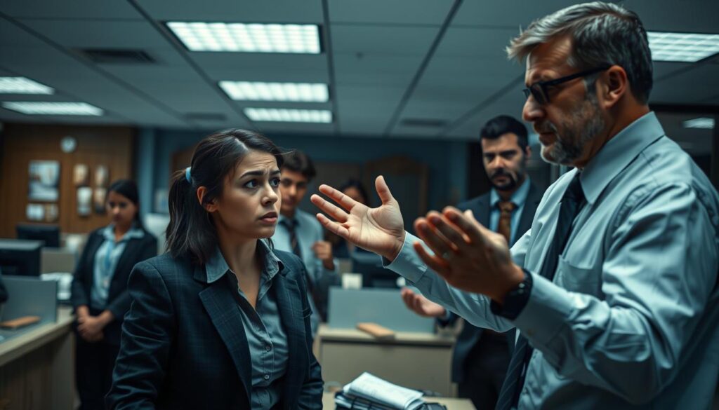 A tense bank setting depicting a moment of conflict. In the foreground, a female bank employee, dressed in professional attire, appears distressed, looking towards a male colleague who is gesturing emphatically, conveying urgency and concern. In the middle ground, other employees stand with worried expressions, observing the situation. The background features bank counters and office decor, subtly blurred to maintain focus on the foreground. The lighting is dim, suggesting a serious atmosphere, with shadows accentuating the emotional tension. The angle is slightly low, enhancing the drama of the scene while ensuring a respectful portrayal of all subjects. The mood is somber, reflecting the gravity of the situation without graphic violence.