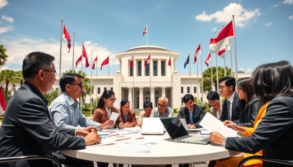 A vibrant and dynamic scene depicting the latest developments in Indonesian democracy, featuring a diverse group of professional individuals engaged in discussions and collaboration. In the foreground, a diverse panel of people in professional business attire, including men and women of various ethnicities, are animatedly debating around a circular table adorned with documents and laptops. The middle-ground showcases a modern government building with flags waving, symbolizing national pride and unity, while a backdrop of a clear blue sky suggests hope and progress. The lighting is bright and optimistic, casting soft shadows that create an inviting atmosphere. The angle is slightly elevated, providing a comprehensive view of the vibrant interaction, reflecting the essence of democratic dialogue and participation in Indonesia. A vibrant and dynamic scene depicting the latest developments in Indonesian democracy, featuring a diverse group of professional individuals engaged in discussions and collaboration. In the foreground, a diverse panel of people in professional business attire, including men and women of various ethnicities, are animatedly debating around a circular table adorned with documents and laptops. The middle-ground showcases a modern government building with flags waving, symbolizing national pride and unity, while a backdrop of a clear blue sky suggests hope and progress. The lighting is bright and optimistic, casting soft shadows that create an inviting atmosphere. The angle is slightly elevated, providing a comprehensive view of the vibrant interaction, reflecting the essence of democratic dialogue and participation in Indonesia.