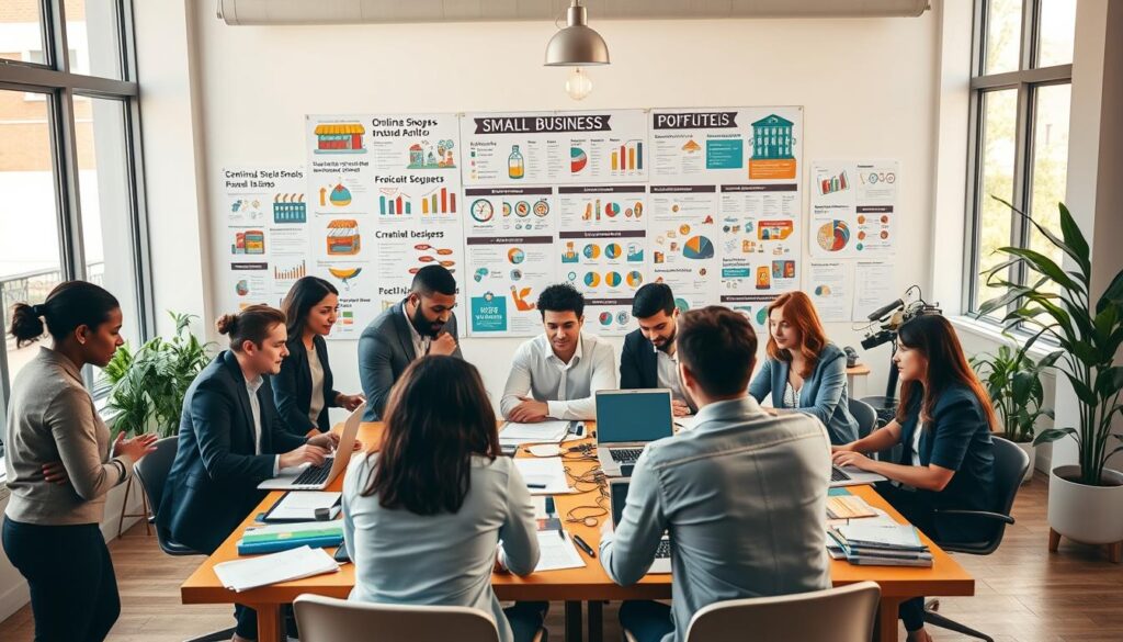 A vibrant, modern workspace showing an array of small business ideas. In the foreground, a diverse group of entrepreneurs, dressed in professional business attire, engage around a large table cluttered with business plans, laptops, and creative prototypes. The middle ground features a bulletin board filled with colorful infographics and charts illustrating profitable small business concepts like online shops, food stalls, and handcrafted products. In the background, large windows allow natural light to filter in, creating a warm and inviting atmosphere. The scene is alive with collaboration and innovation, emphasizing ambition and success in small business ventures. The overall mood is optimistic and dynamic, inviting viewers to envision their own entrepreneurial journey.