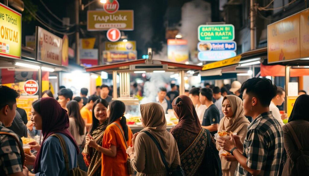 A vibrant night market scene showcasing Indonesian street food culture, filled with various colorful food stalls, illuminated by warm, inviting lights. In the foreground, a diverse group of people, dressed in modest casual clothing, happily enjoying different types of local delicacies, such as satay, fried rice, and sweet treats. The middle of the image features a lively stall with a vendor skillfully preparing food, smoke rising from the grill, creating a savory atmosphere. The background includes softly blurred street signs and bustling activity, capturing the essence of a lively night in Indonesia. The lighting is soft and golden, evoking a cozy and joyful mood, shot from a slightly elevated angle to encompass the vibrant culinary scene.