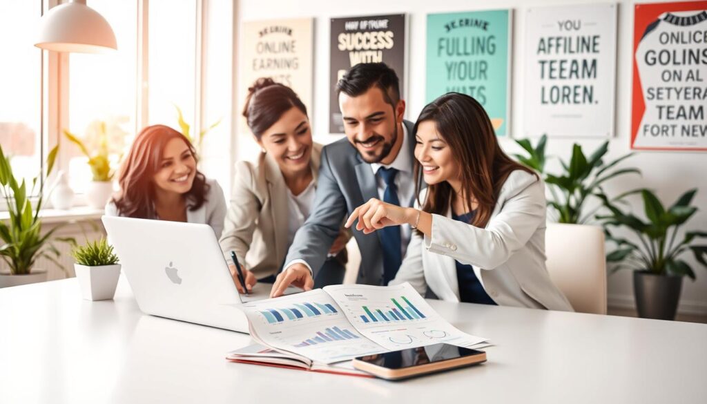 A visually engaging representation of an affiliate and referral program. In the foreground, depict a diverse group of professionals, dressed in smart business attire, gathered around a laptop, engaged in a discussion and pointing at the screen, symbolizing collaboration. In the middle layer, illustrate an open notebook and a smartphone on the table, showing graphs and charts related to commissions and online earnings. The background features a bright, modern office space with large windows letting in natural light, plants for a touch of greenery, and motivational posters about success and teamwork. The overall atmosphere should be vibrant and inspiring, conveying a sense of opportunity and excitement in the digital economy.
