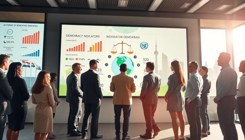 A visually striking representation of "Indikator Demokrasi" illustrating various elements of democratic principles and international reports. In the foreground, a diverse group of professionals in business attire, engaged in a discussion around a large digital screen displaying graphs and data visualizations related to democracy indicators. The middle ground features a symbolic representation of democracy, such as a balanced scale and a globe, surrounded by icons of voting, human rights, and governance. The background shows a stylized cityscape with flags of different nations, signifying global cooperation. The lighting is bright and optimistic, with soft sunlight filtering through, creating a hopeful and engaging atmosphere. The angle is slightly elevated, capturing the interaction and the vibrant setting. A visually striking representation of "Indikator Demokrasi" illustrating various elements of democratic principles and international reports. In the foreground, a diverse group of professionals in business attire, engaged in a discussion around a large digital screen displaying graphs and data visualizations related to democracy indicators. The middle ground features a symbolic representation of democracy, such as a balanced scale and a globe, surrounded by icons of voting, human rights, and governance. The background shows a stylized cityscape with flags of different nations, signifying global cooperation. The lighting is bright and optimistic, with soft sunlight filtering through, creating a hopeful and engaging atmosphere. The angle is slightly elevated, capturing the interaction and the vibrant setting.