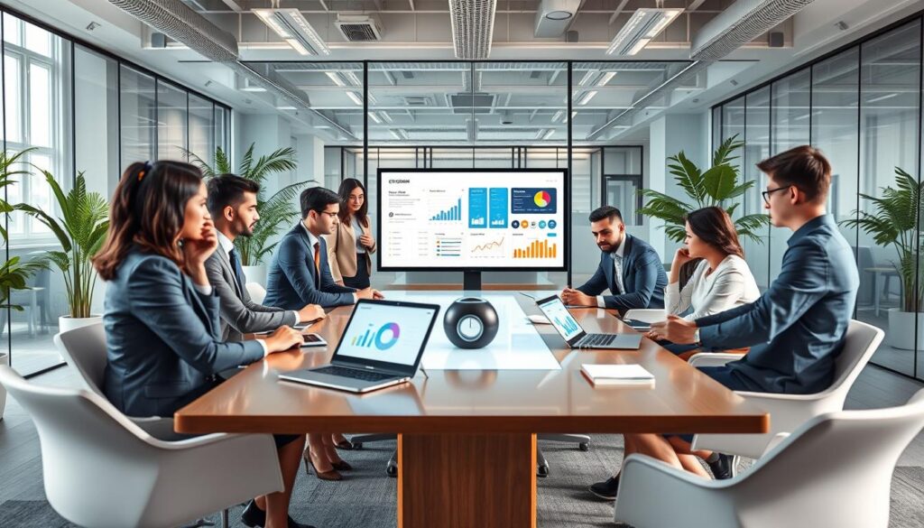 A dynamic office environment illustrating the concept of operational and marketing efficiency optimization through digitalization. In the foreground, a diverse group of professionals in business attire collaborate around a sleek conference table with digital devices displaying graphs and analytics. In the middle, large screens show data visualizations, showcasing improved workflows and marketing strategies. The background features a modern office space with glass walls, greenery, and minimalistic decor, with soft natural lighting filtering through the windows. The atmosphere is collaborative and forward-thinking, conveying a sense of innovation and progress in the digital business landscape. The angle should be slightly elevated, capturing both the interaction among the team and the technological elements prominently.